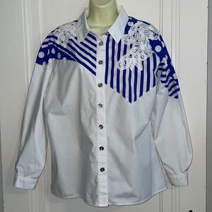 Vtg 80s Howard Wolf white cotton oversized‎ shirt with blue & white stripes